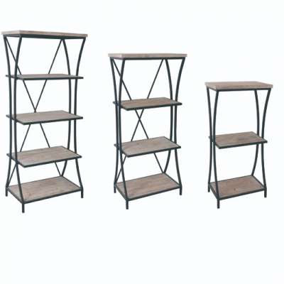 Set of 3 nested black metal racks with wooden shelves for sundries